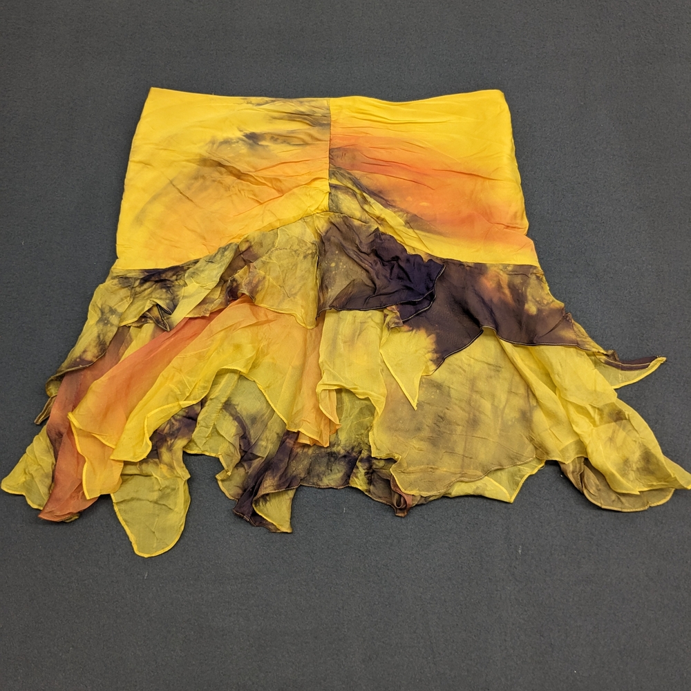 Tracy Feith Yellow Orange and Black Handkerchief Hem Silk Skirt